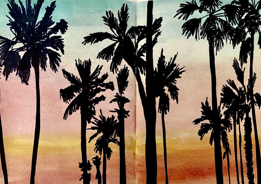 palm trees silhouette at sunset drawing in sketchbook by brianna eisman artsy drawings
