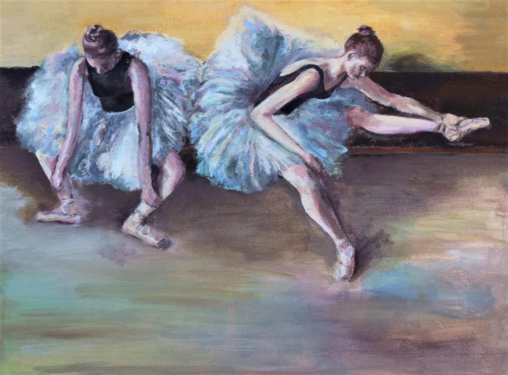 this is a acrylic painting on canvas of two dancers wearing black leotards and fluffy white blue tutus. The dancers are stretching while seated on a wooden bench. The style is similar to Edgar Degas. The painting describes the use of favorite artistic mediums in which acrylic is one of my favorites for its impressionistic abilities.