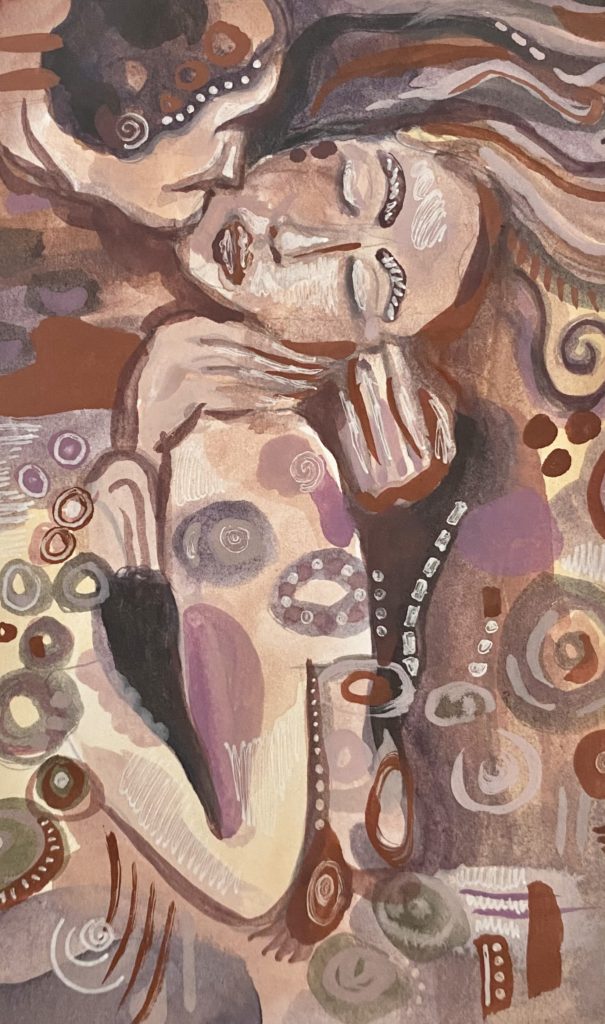 Inspired by the Kiss by Gustav Klimt, this painting was created in gouache paint and features a couple embracing in a beautiful and intimate kiss. the style has many dots and lines, a stylistic technique I enjoy. This painting is done by Brianna Eisman as part of Artsy Drawings.