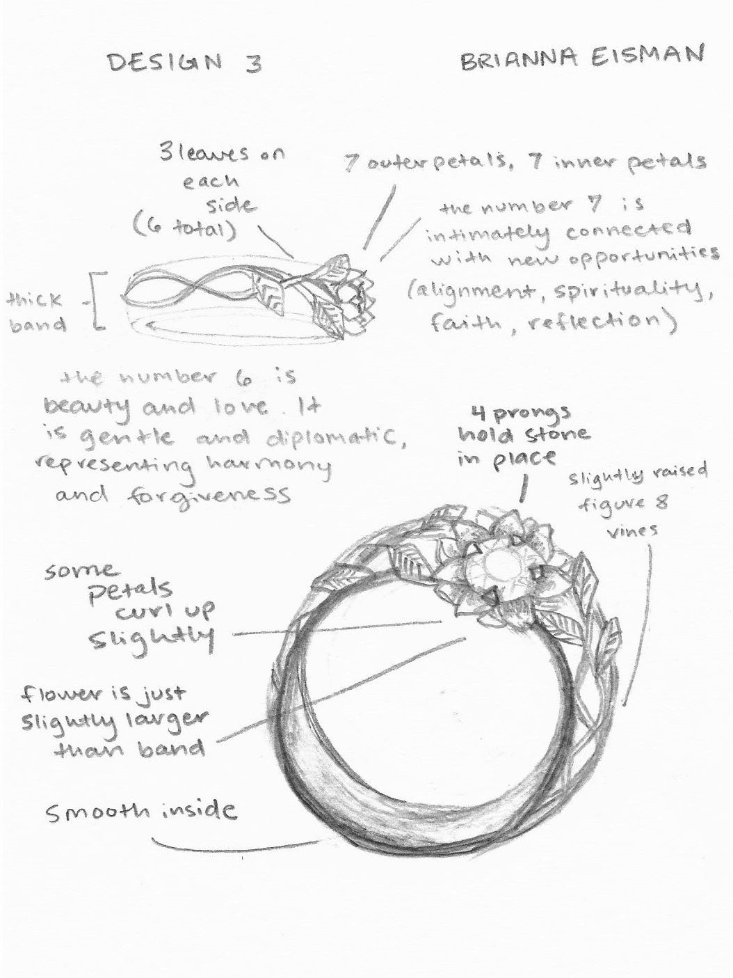 The following image features Design 3, the third design commissioned for a custom floral engagement ring. The patron chose a graphite medium to show fine details and edit the design as needed throughout the workflow of the project. 