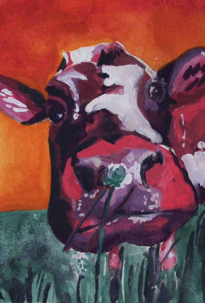 colorful pink and purple cow surreal gouache paint painting with orange sky