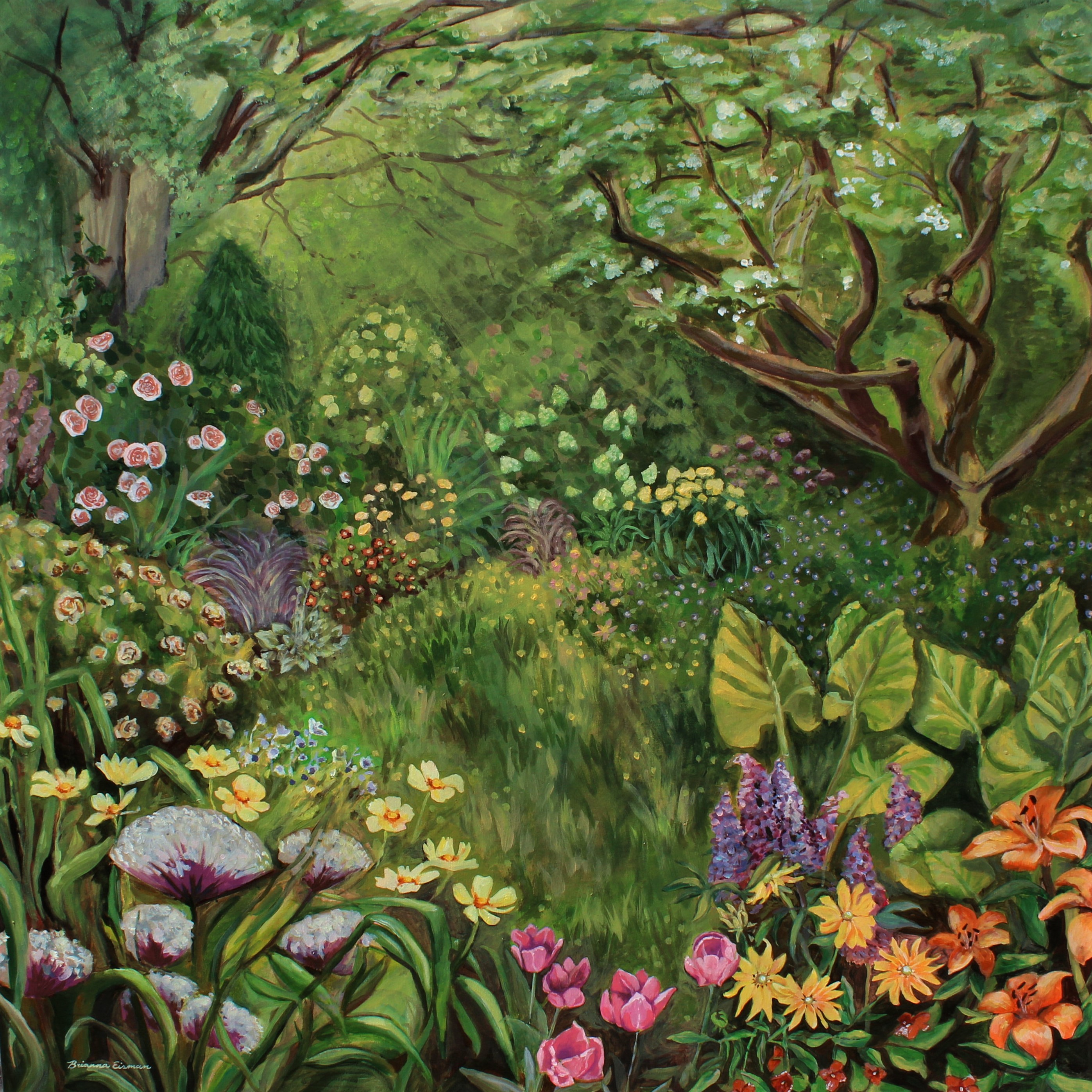 garden landscape painting in acrylic on canvas features many colorful flowers in a peaceful green garden meadow. This painting shows my skill as a painter and artist. 