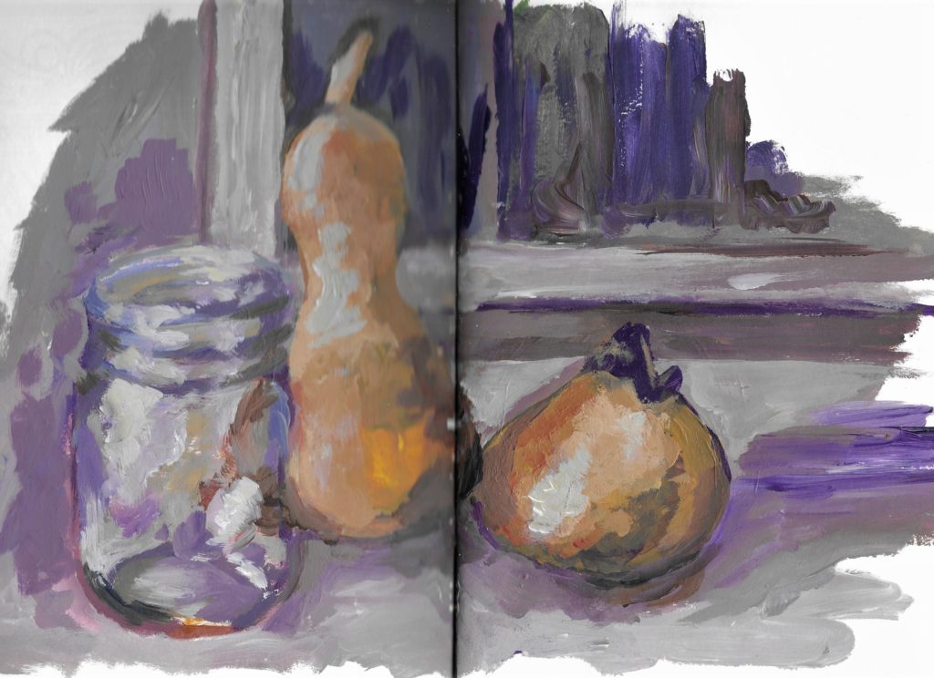 squash still life painting in acrylic in sketchbook for blog posts page