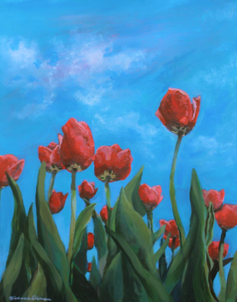 tulip flowers in green field, blue sky paintings