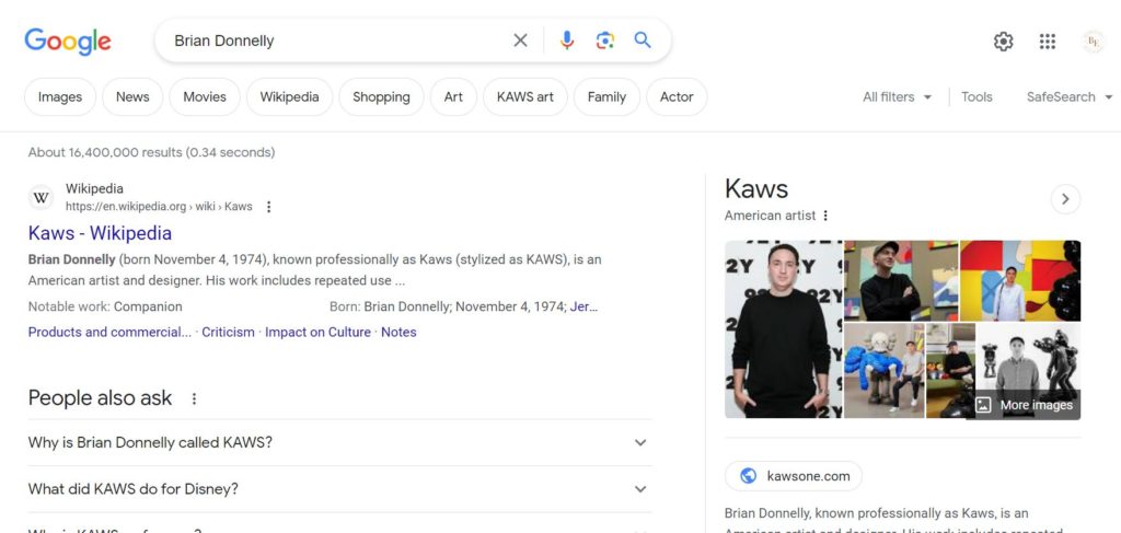 KAWS personal brand web search 