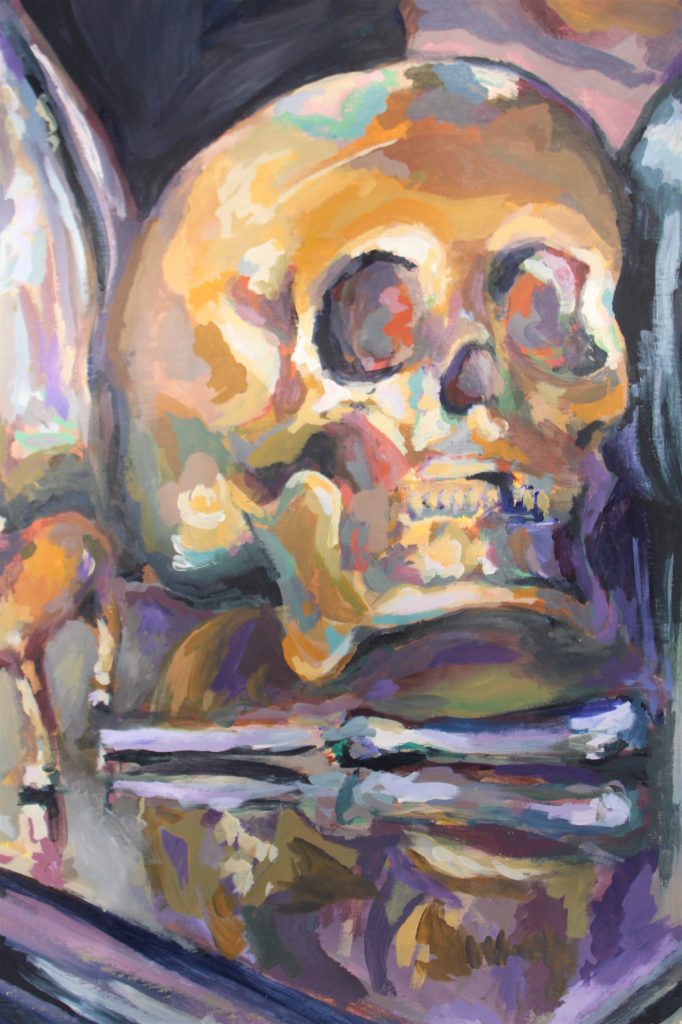 skull still life done in acrylic paint on paper