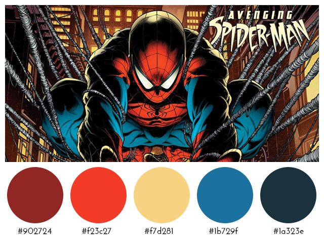 Spiderman showing a tertiary color scheme of red, yellow and blue 