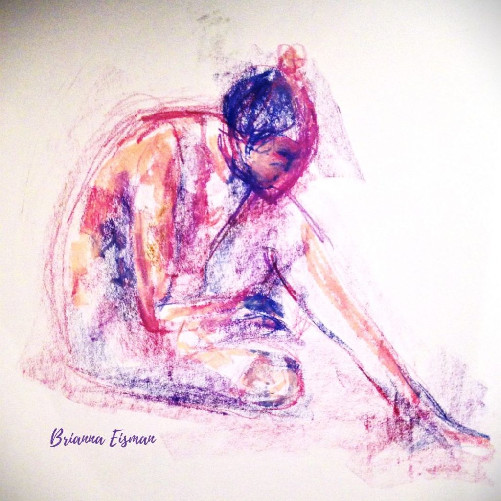 For this gesture drawing, I chose a purple themed color scheme. I chose indigo, magenta, and peach colored soft pastels to create the illusion of a rich regalia violet color. This was created by Brianna Eisman for Artsy Drawings.