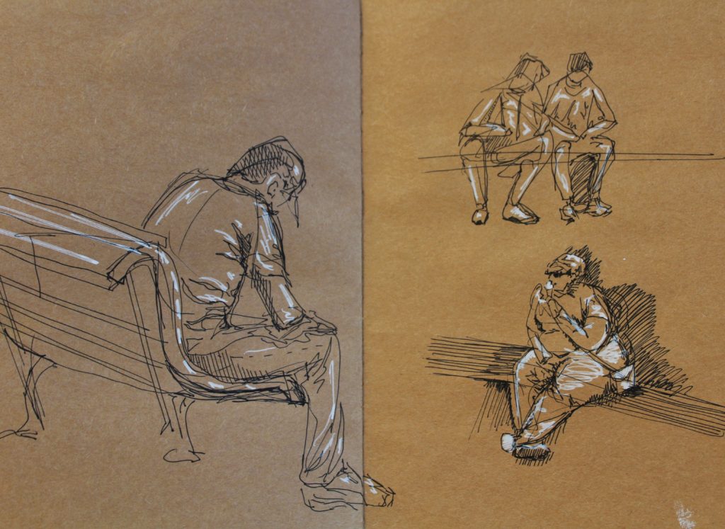 Gesture Drawing of figures sitting and doing normal human things.