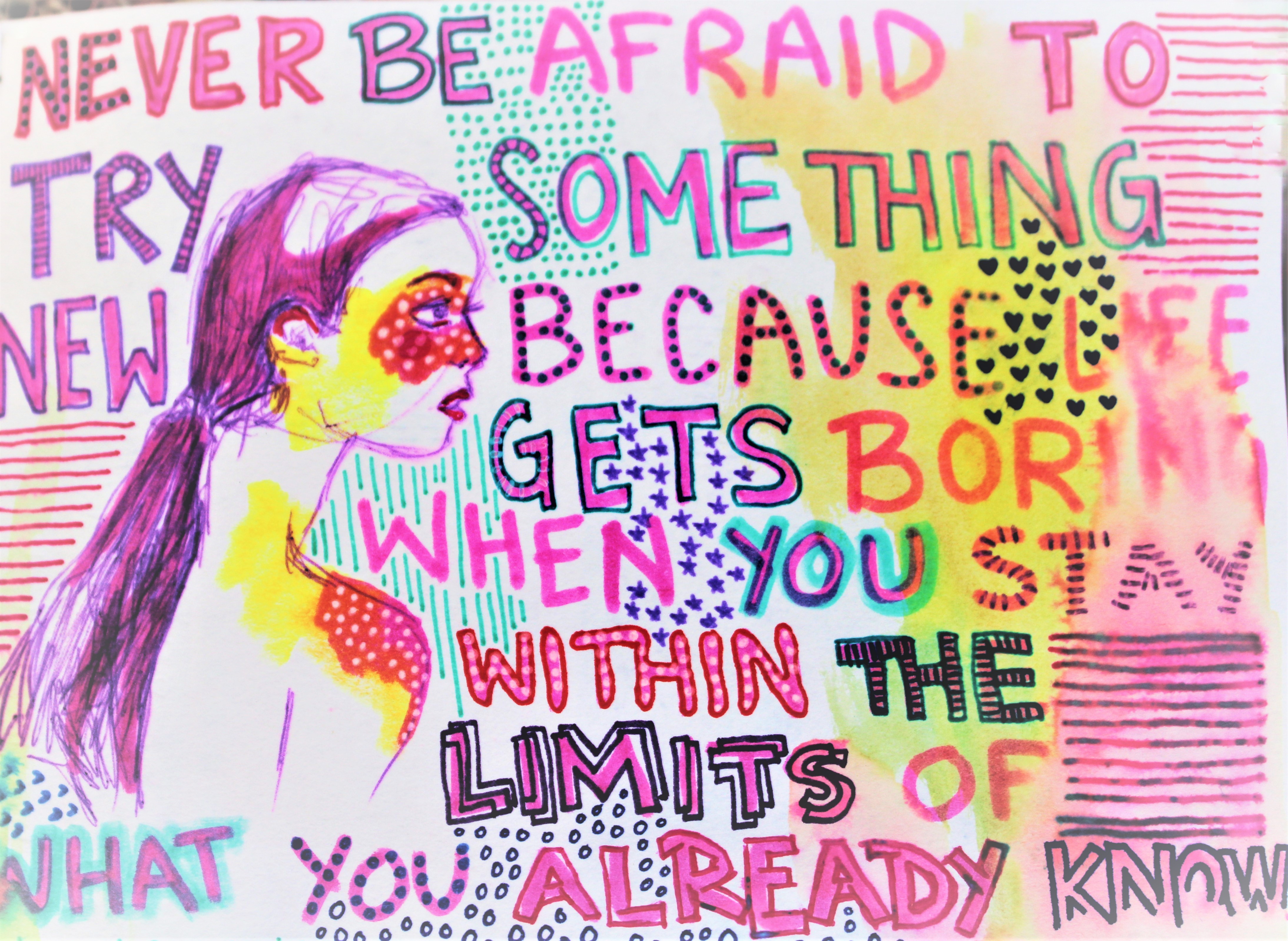 quote next to drawing of woman in pink purple and yellow artsy drawings marketing art