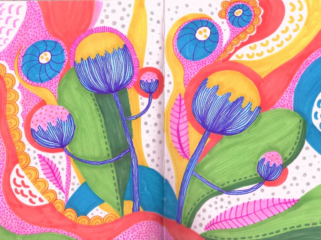 colorful marker drawing of pink orange yellow flowers poppies with blue stems. The sketchbook drawing sketch is surreal and maximalist art and fun
