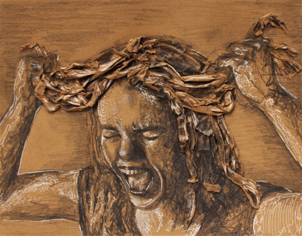 Brown and white artwork of stressed out woman pulling at her hair