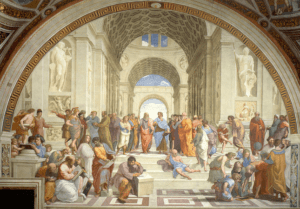 The School of Athens represents all the greatest mathematicians, philosophers and scientists from classical antiquity gathered together sharing their ideas and learning from each other. These figures all lived at different times, but here they are gathered together under one roof.