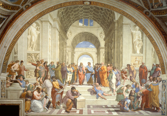 The School of Athens represents all the greatest mathematicians, philosophers and scientists from classical antiquity gathered together sharing their ideas and learning from each other. These figures all lived at different times, but here they are gathered together under one roof. Art style is classicism