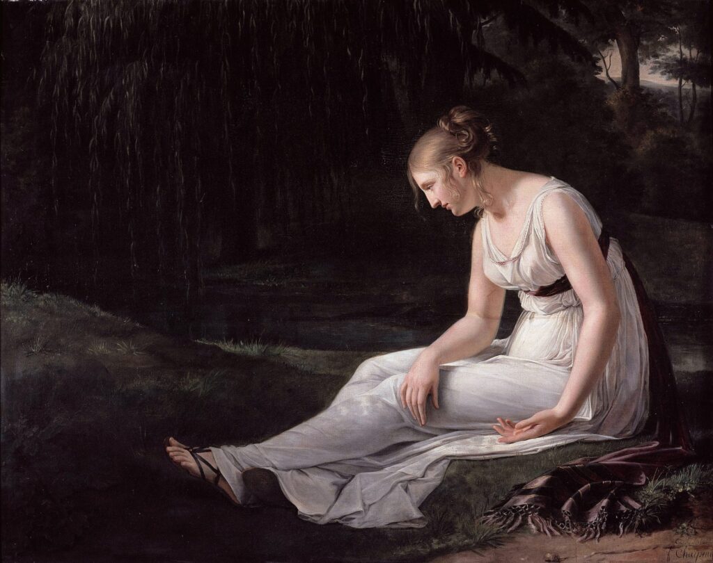 Charpentier depicts a female heroine overcome with the emotion of melancholy. The elements of imagination, emotion, and introspection are highlighted in the darkly lit canvas. In this romantic painting, the Cancer zodiac is the most artistic