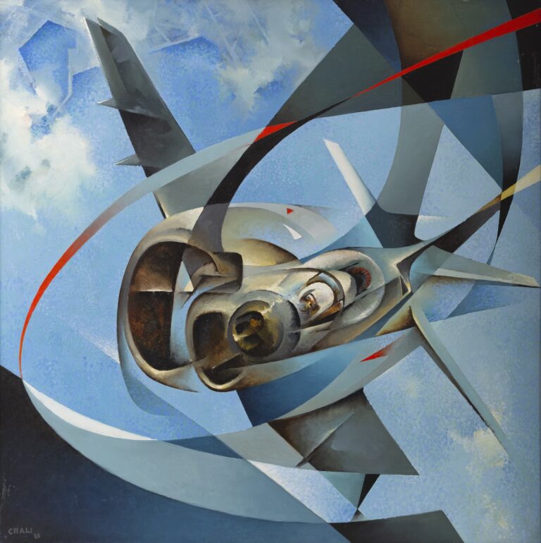 Which zodiac is the most artistic? Entrancing freedom of flight by Tullio Crali praises technology and flight engineering with the futurism art style. This blue sky features a distorted plane flying right at the viewer