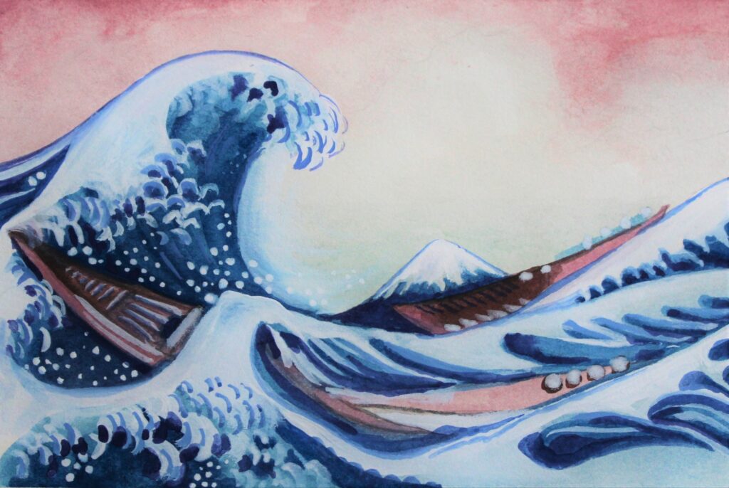 The Great Wave, by Brianna Eisman inspired by The Great Wave off Kanagawa
Print by Hokusai. Both works of art show the immense feeling of man vs. nature which connects all humans. This is why art is essential. 