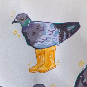 pigeon wearing yellow rain boots drawing ideas for artsy drawings potentially brainrot art