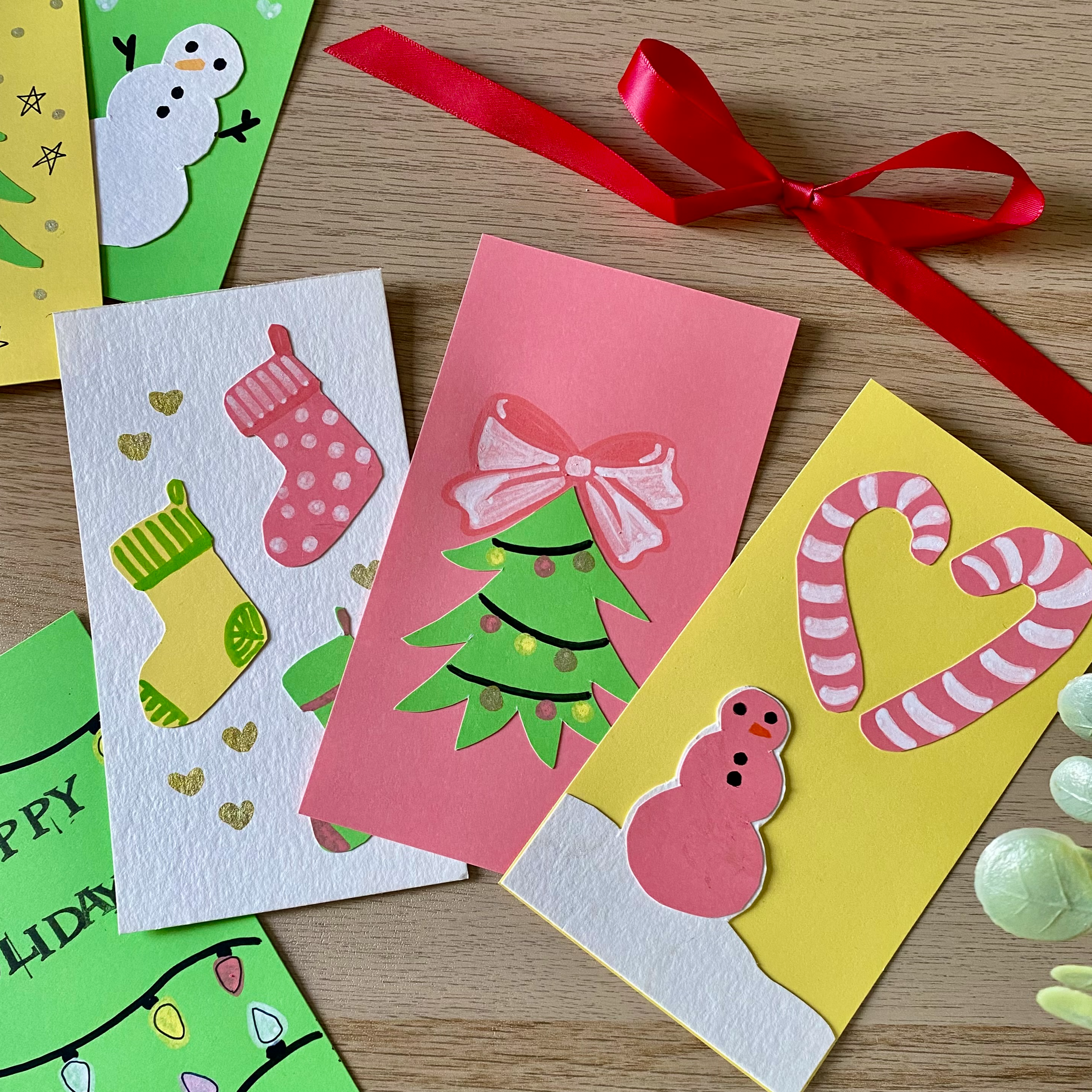 Custom holiday cards featuring christmas tree, stockings and snowman, perfect for date night christmas craft by artsy drawings brianna eisman