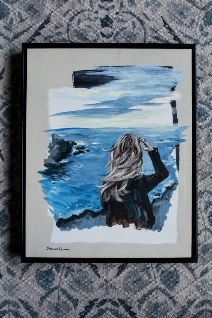 windswept hair woman standing on cliff in santa cruz california painting by brianna eisman artsy drawings